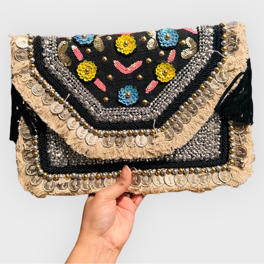 Bohemian Envelope Wristlets Banjara Clutch Black Color With tassels